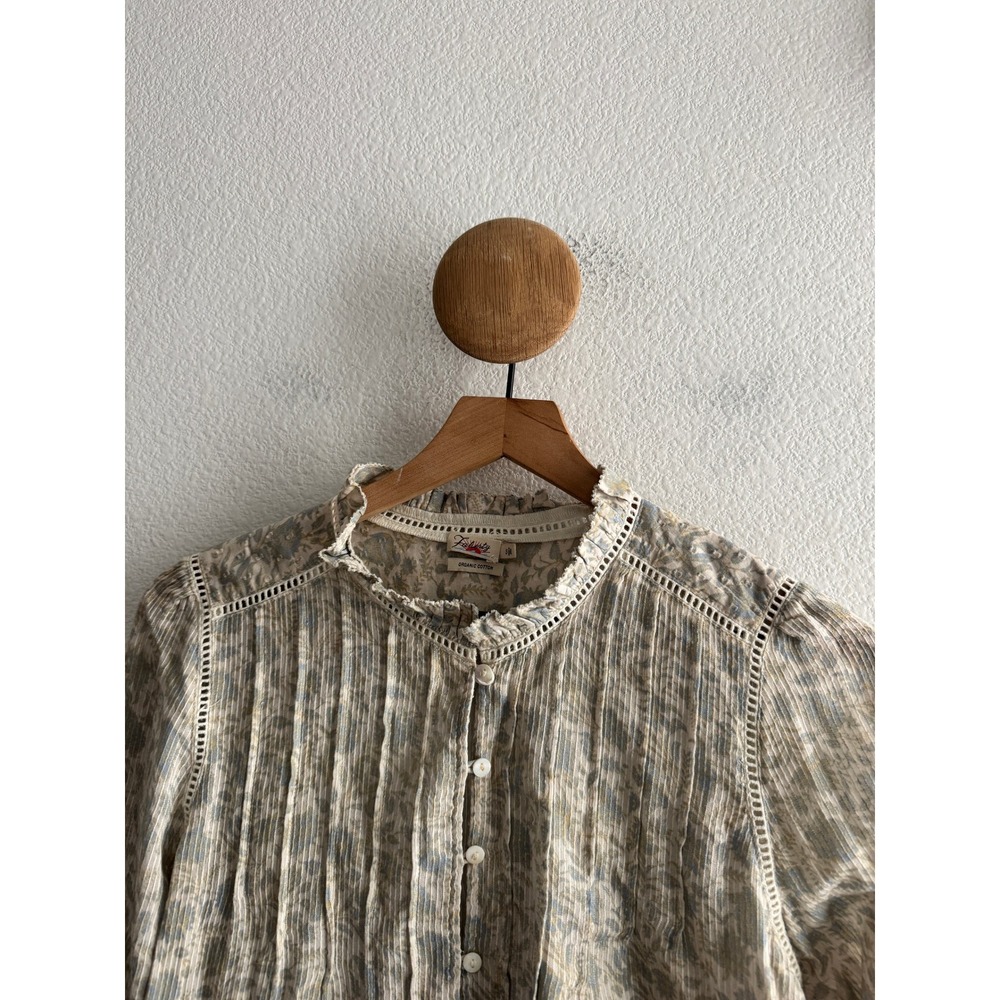 Faherty Organic Cotton Floral Pintuck Button Down Ruffle Neck Shirt Size Small - Picture 2 of 7